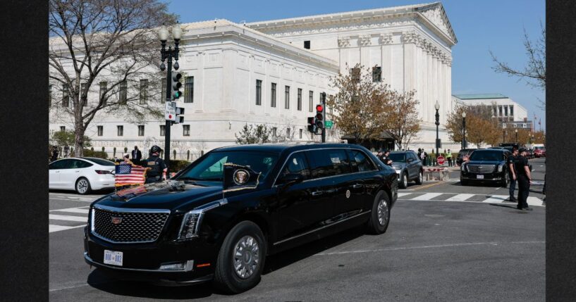 A motorcade carrying President Donald Trump departs the Supreme Court Wednesday after President Trump attended oral arguments in the birthright citizenship case.