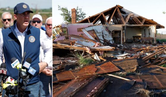 Oklahoma Gov. Kevin Stitt speaks to media while touring tornado damage Friday in a neighborhood that was damaged by a tornado Thursday in Enid, Oklahoma.