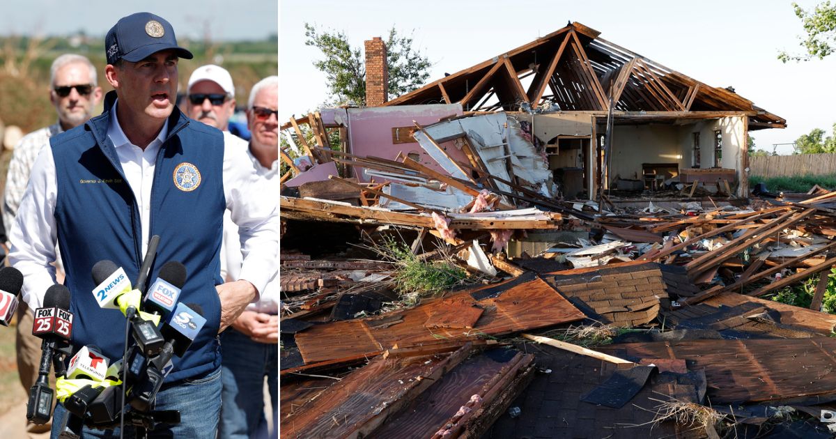 Oklahoma Gov. Kevin Stitt speaks to media while touring tornado damage Friday in a neighborhood that was damaged by a tornado Thursday in Enid, Oklahoma.