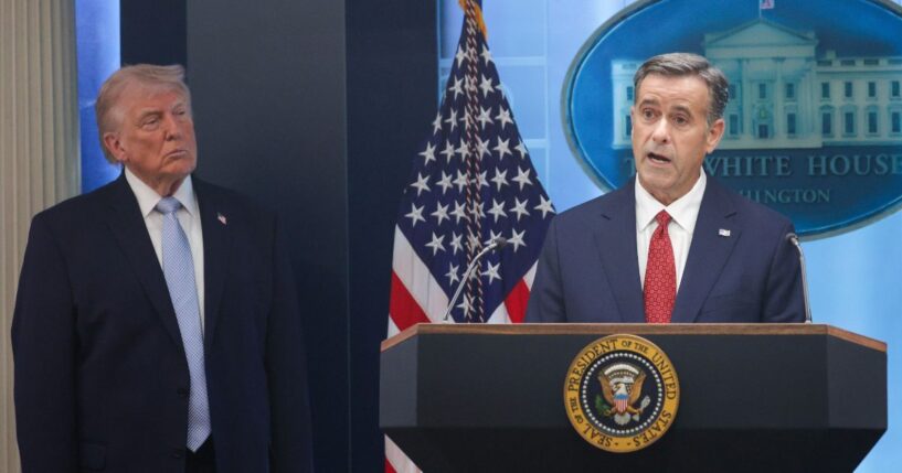 CIA Director John L. Ratcliffe speaks as President Donald Trump looks on during a news conference Monday at the White House in Washington, D.C. Ratcliffe and Trump spoke about the successful military mission to rescue a weapons systems officer whose F-15E Strike Eagle was shot down Friday in Iran.