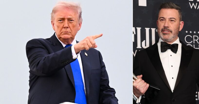 President Donald Trump said late-night host Jimmy Kimmel, right, should be fired for his "beyond the pale" remark.