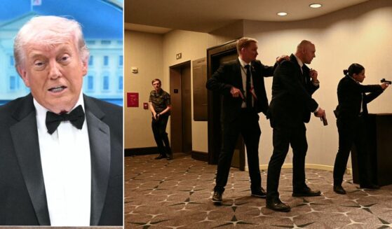 Secret Service agents draw their guns, right, after shots were heard during Saturday's White House Correspondents' dinner at the Washington Hilton in Washington, D.C. President Donald Trump, left, said Saturday's incident is a perfect illustration as to why a White House ballroom is needed.