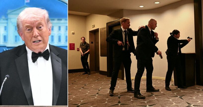 Secret Service agents draw their guns, right, after shots were heard during Saturday's White House Correspondents' dinner at the Washington Hilton in Washington, D.C. President Donald Trump, left, said Saturday's incident is a perfect illustration as to why a White House ballroom is needed.