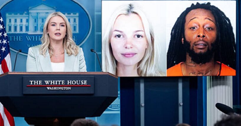 White House Press Secretary Karoline Leavitt is pictured in a September file photo with pictures of murder victim Iryna Zarutska and accused murderer Decarlos Brown Jr.