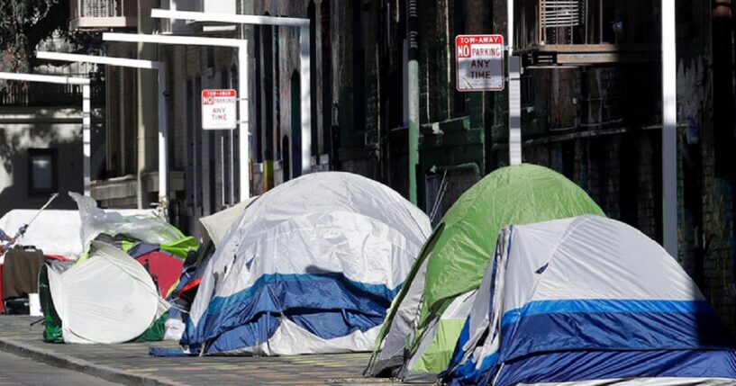 Tents set up by the homeless on a San Francisco street are pictured in a 2020 file photo.