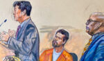 A courtroom sketch of defendant Cole Tomas Allen entering a plea on Monday.