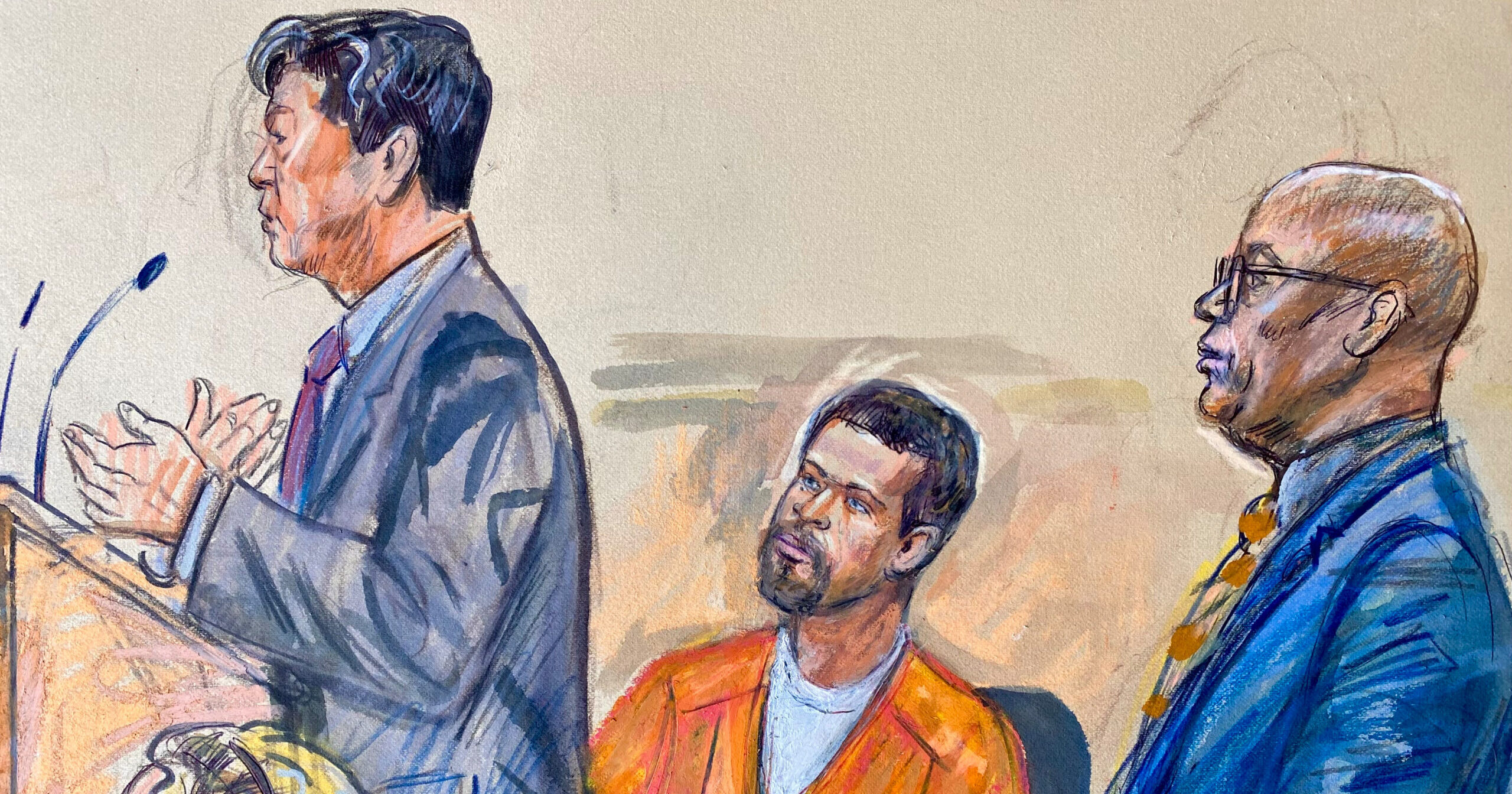 A courtroom sketch of defendant Cole Tomas Allen entering a plea on Monday.