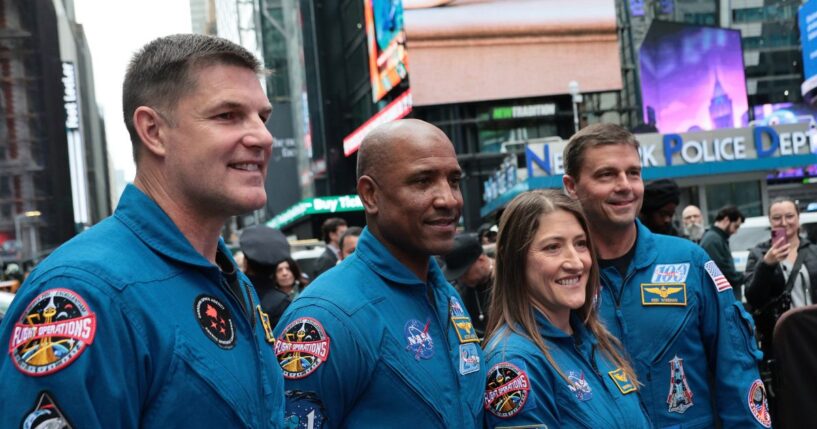 The Artemis II astronauts, mission specialist Jeremy Hansen of the Canadian Space Agency, pilot Victor Glover, mission specialist Christina Koch, and commander Reid Wiseman pose for photos outside of the Nasdaq Marketside on April 30 in New York City.