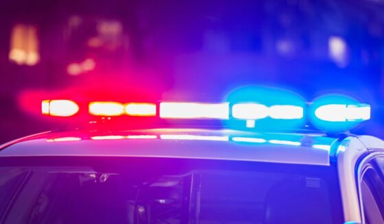 The roof of a police patrol car at night, with the blue and red lights flashing.