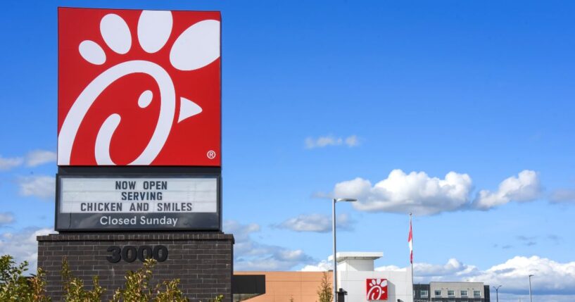 A Chick-fil-A restaurant with a drive thru at the Ottawa Tanger Outlets shopping complex in Kanata, a suburb of Ottawa, Canada.