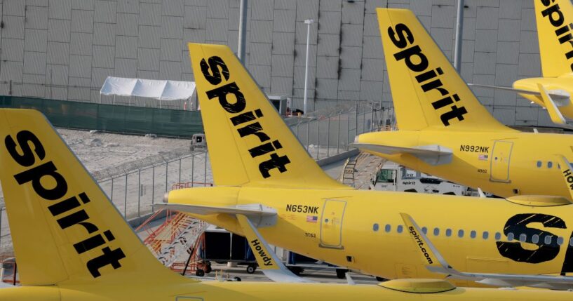 Spirit Airlines planes are parked on the tarmac at the Fort Lauderdale-Hollywood International Airport on May 2, 2026, in Fort Lauderdale, Florida.