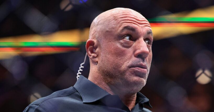 Joe Rogan reacts after a middleweight title bout between Dricus du Plessis of South Africa and Khamzat Chimaev of the United Arab Emirates in UFC 319 at the United Center on Aug. 16, 2025, in Chicago, Illinois.