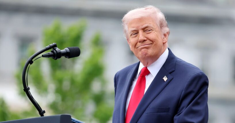 President Donald Trump gives a speech during the State Arrival Ceremony on the South Lawn on day two of the State Visit of King Charles III and Queen Camilla to the United States of America, on April 28, 2026, in Washington, D.C.