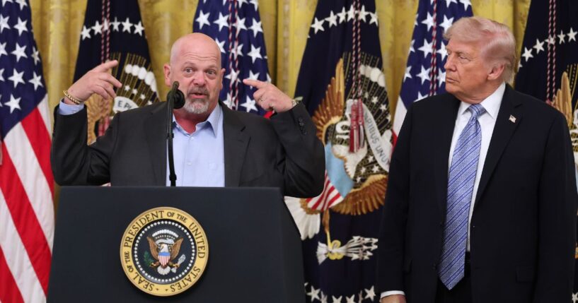 Las Vegas pawn shop owner and reality television actor Rick Harrison joins President Donald Trump during a small business summit in the East Room of the White House on May 4, 2026, in Washington, D.C.