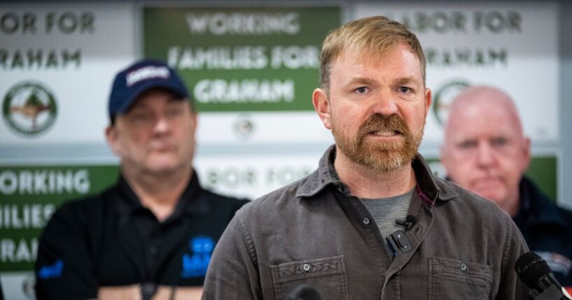 Senate candidate Graham Platner speaks during a campaign event with the Maine AFL-CIO, on May 1, 2026, in Portland, Maine.