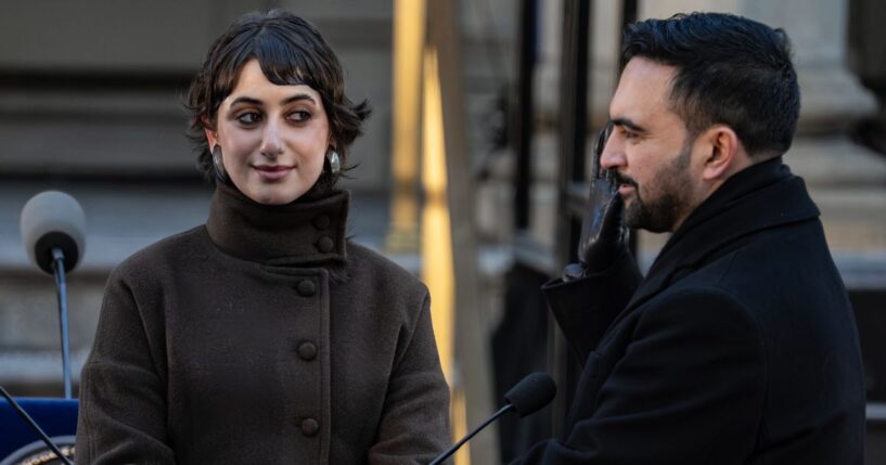 Zohran Mamdani is sworn in as New York City mayor as his wife Rama Duwaji looks on at City Hall on Jan. 1, 2026, in New York City.