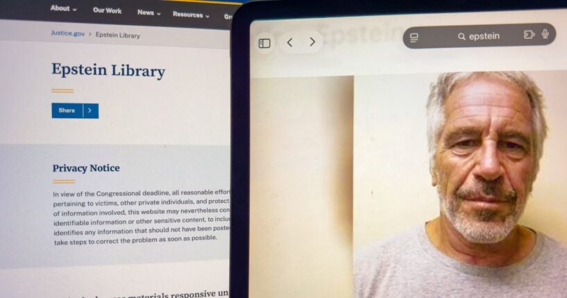 A close up image of a tablet screen displaying a portrait of Jeffrey Epstein beside the official U.S. Department of Justice website page on Feb. 11, 2026.