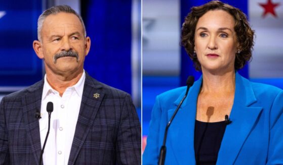 California gubernatorial candidates Chad Bianco, left, and Katie Porter sparred verbally during Wednesday's debate.