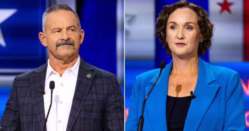 California gubernatorial candidates Chad Bianco, left, and Katie Porter sparred verbally during Wednesday's debate.