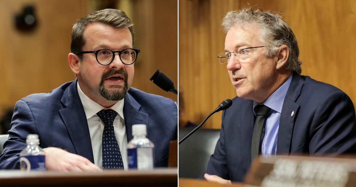 Sen. Rand Paul of Kentucky, right, questions CIA whistleblower James Erdman III, a senior operations officer, Wednesday during a hearing with the Senate Homeland Security Committee.
