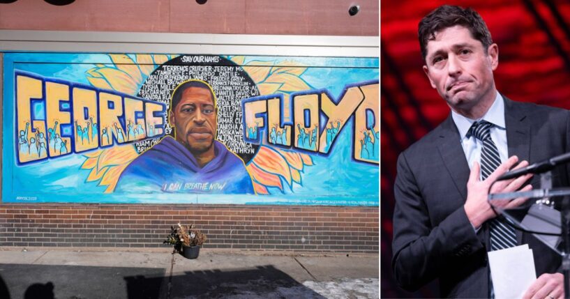 Minneapolis Mayor Jacob Frey, right, chose to honor George Floyd, whose image at left is depicted in a mural at the city's George Floyd Square, on Memorial Day.
