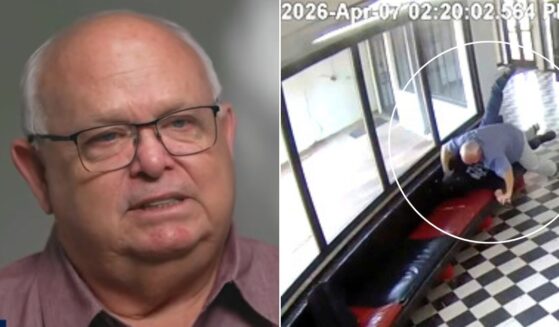 Pauls Valley High School Principal Kirk Moore is seen at left in an interview with CBS News and at right in a school surveillance video as he strugglies with a young man identified as Victor Hawkins, 20, a former student who allegedly carried a firearm onto the campus April 7 in Pauls Valley, Oklahoma.