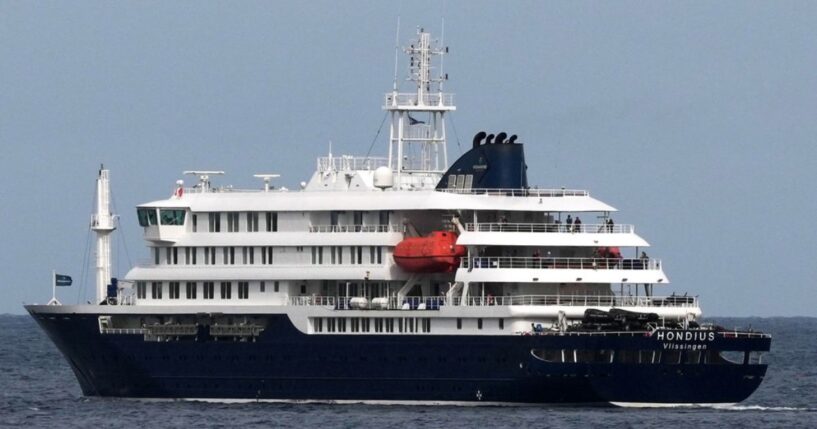 The MV Hondius cruise ship departs the port in Praia, Cape Verde, Wednesday.