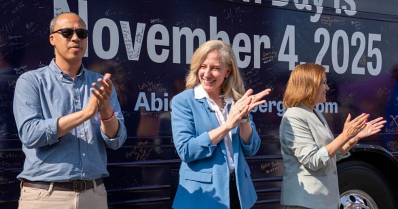 Governor Abigail Spanberger, Virginia State Attorney General Jay Jones, and State Senator Ghazala Hashmi appear at a campaign stop on June 26, 2025.