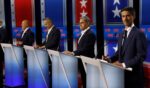 The Californian Gubernatorial candidates stand at their podiums in the CNN California Governor Primary Debate studio on May 5, 2026.