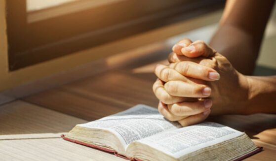 Hands on the Bible in a prayerful position.