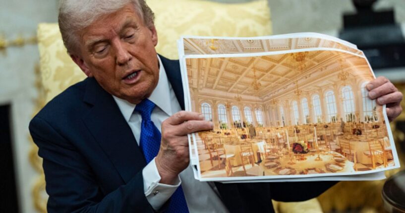 President Trump displays artists’ renderings of the new East Wing ballroom on October 22, 2025.