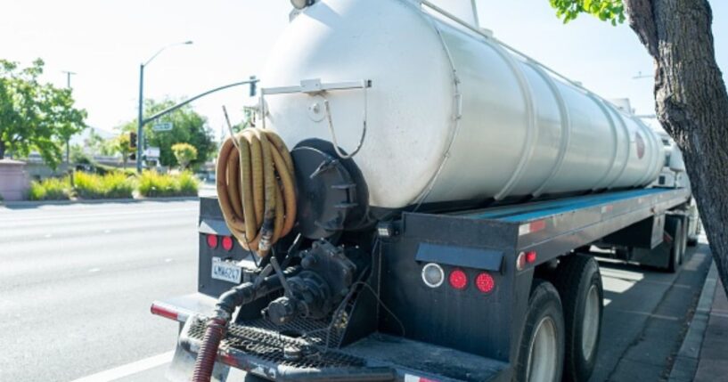 A septic truck sits on the road in Pleasant Hill, California on April 16, 2026.