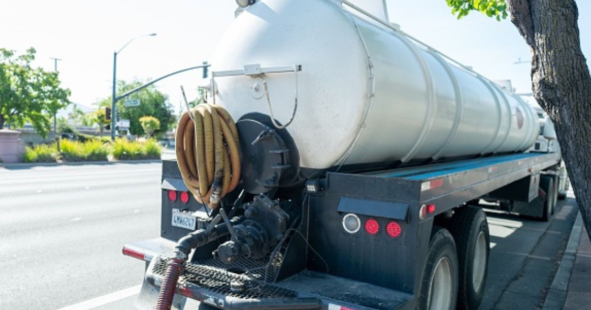 A septic truck sits on the road in Pleasant Hill, California on April 16, 2026.