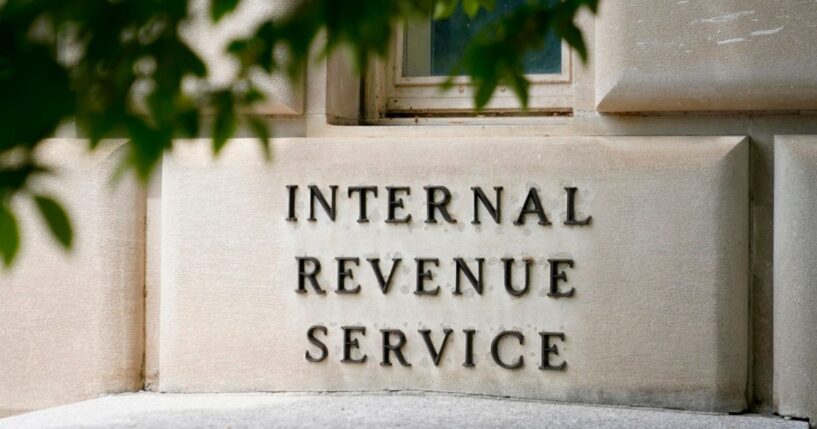 Internal Revenue Service lettering can be viewed on a brick on the IRS Headquarters on May 4, 2021.