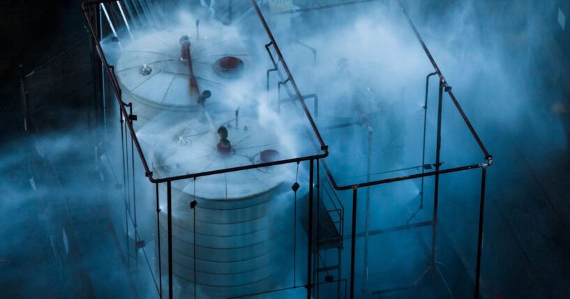 Chemical tanks are sprayed with water as authorities monitor the area for leaks in Garden Grove, CA on May 22, 2026.