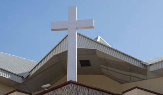 A cross is displayed outside the Ekklesiyar Yan'uwa, a Nigeria Local Church Council in Maiduguri on Dec. 27, 2025.