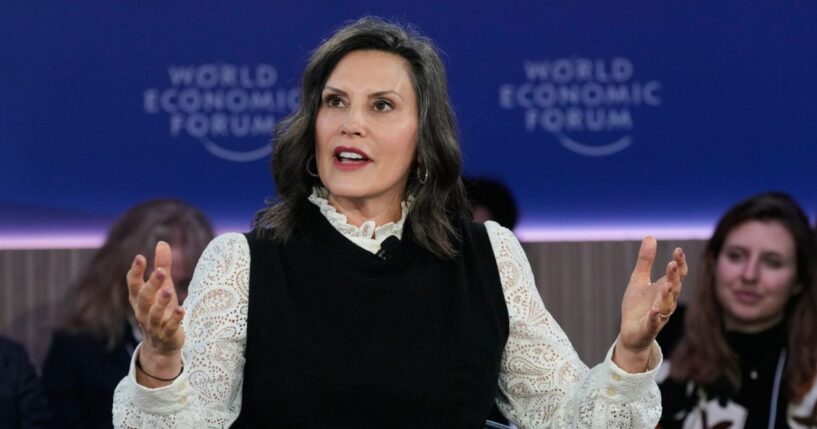 Governor Gretchen Whitmer speaks to a crowd at the World Economic Forum’s annual meeting in Davos, Switzerland on January 21, 2026.