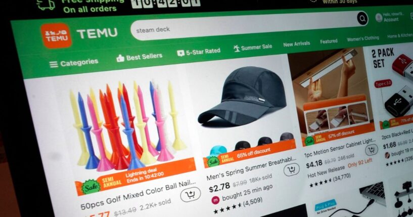 The Temu website user interface is shown on a computer.