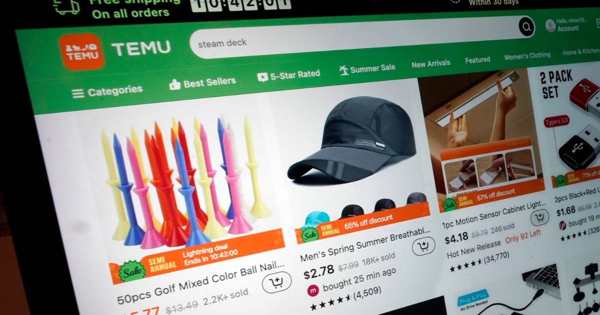 The Temu website user interface is shown on a computer.