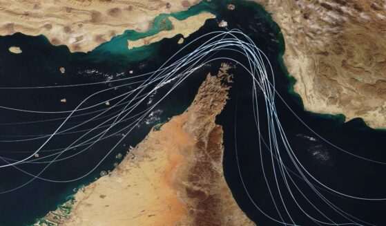 A satellite view of the Strait of Hormuz.