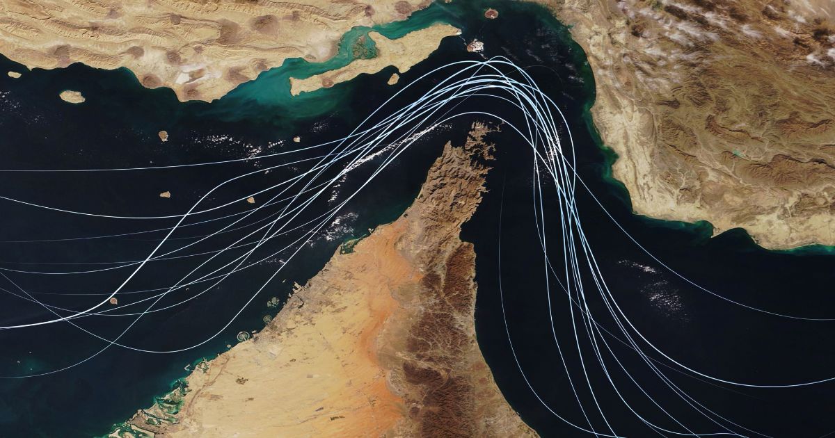 A satellite view of the Strait of Hormuz.