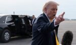 President Donald Trump speaks to journalists at Palm Beach International Airport on May 2, 2026 in Palm Beach, Florida.