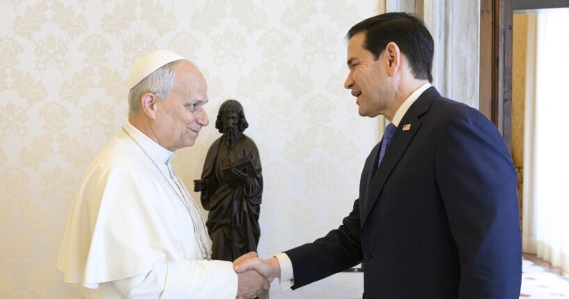 U.S. Secretary of State Marco Rubio meets with Pope Leo XIV at the Apostolic Palace in Vatican City, Vatican on May 7, 2026.