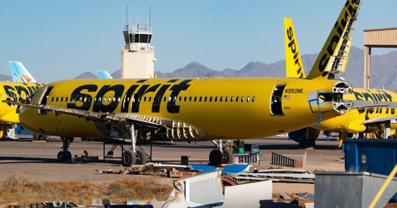 A partially deconstructed Spirit Airlines plane sits at the Phoenix Goodyear Airport in Goodyear, Arizona, on May 8, 2026.