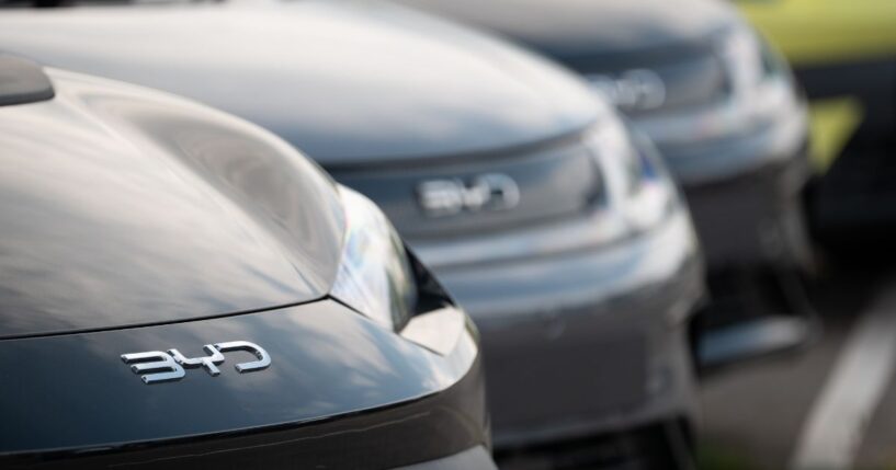 Chinese BYD cars sit at a dealership in Bristol, England on May 4, 2026.