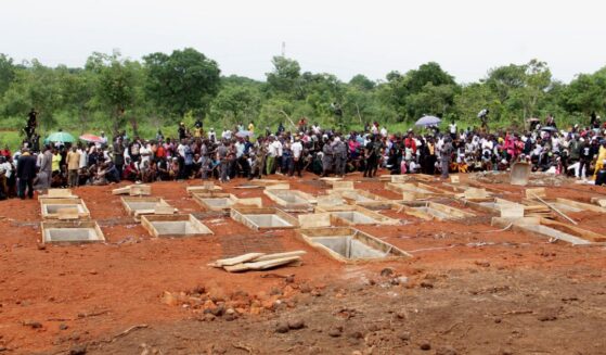 The graves of 17 Christian worshippers and two priests at a funeral service in the Gwer East district of Benue State, Nigeria on May 22, 2018.