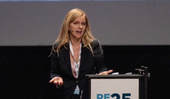 Dutch political commentator Eva Vlaardingerbroek speaks at a summit in Teatro Condominio in Gallarate, Italy, on May 17, 2025.