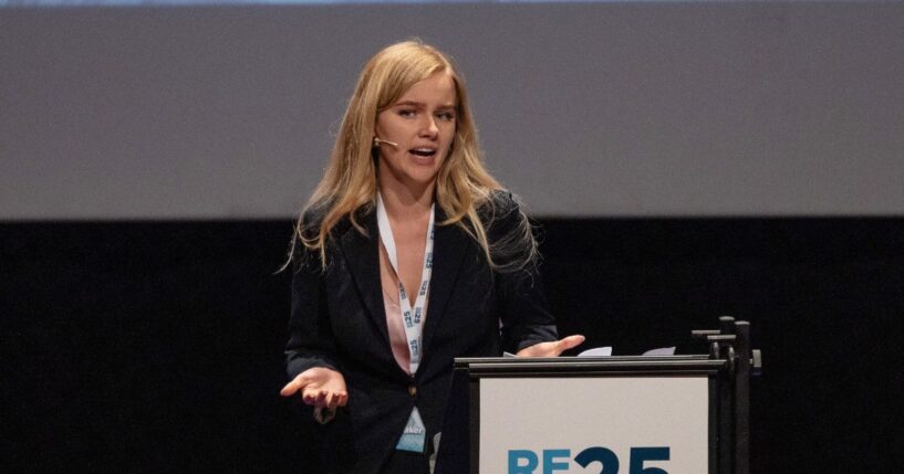 Dutch political commentator Eva Vlaardingerbroek speaks at a summit in Teatro Condominio in Gallarate, Italy, on May 17, 2025.