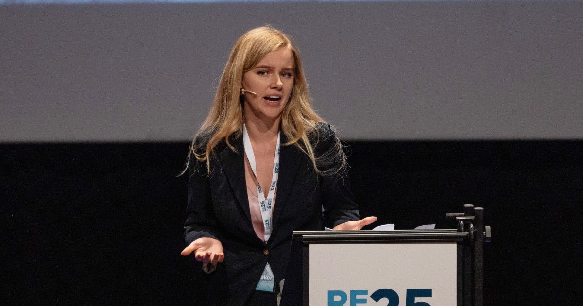 Dutch political commentator Eva Vlaardingerbroek speaks at a summit in Teatro Condominio in Gallarate, Italy, on May 17, 2025.