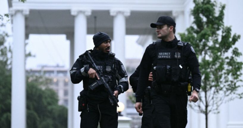 Secret Service Agents patrol outside the White House in Washington after shots were fired nearby, prompting a lockdown on May 23, 2026.